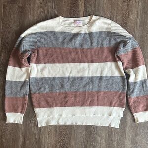 Pink Lily Cream and Gray Striped Sweater